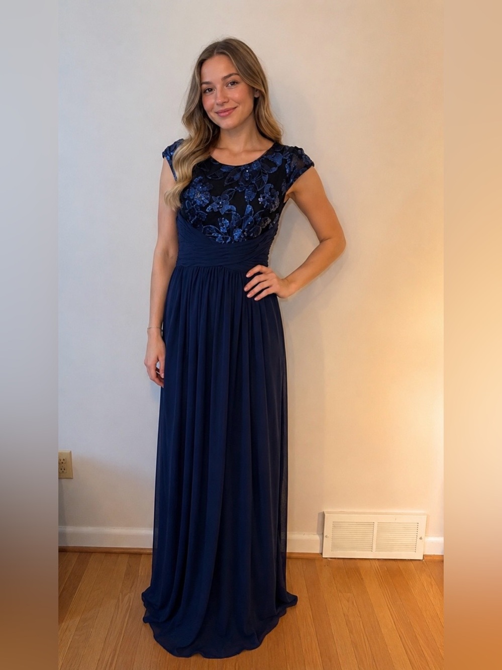 Adrianna Papell NWT navy long dress w/sleeves
